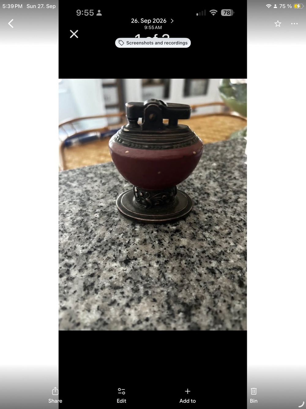 Vintage-Style Decorative Table Lighter in Burgundy